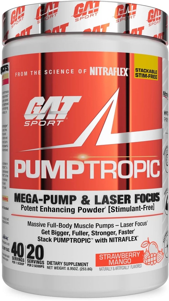 GAT Sport Pumptropic Mega-Pump & Laser Focus Potent Enhancing Powder (Stimulant-Free), 40 Servings (Strawberry Mango)