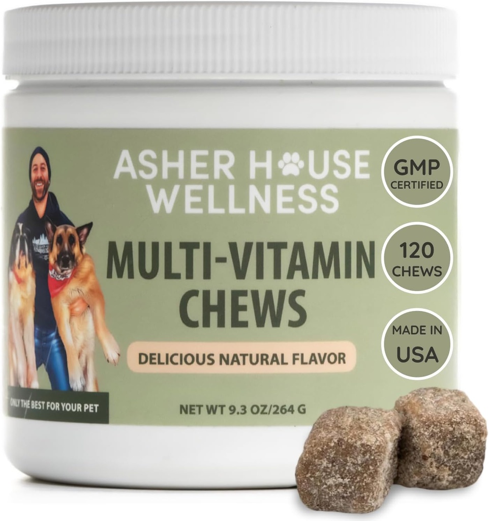 Asher House Wellness Dog Multivitamin Chews - Vitamine e Supplementi per cani, Morbida Mastica per cani da compagnia con probiotici, Flaxseed, Colostrum - Supporto per la salute completo da cucciolo a senior, 120 Chews