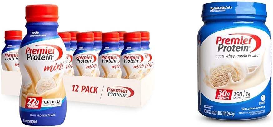 Premier Protein Shake MINI Vanilla 22g Protein 120 Kalorier Pack med 12 & Powder Vanilla Milkshake 30g Protein 17 Servering 23.3 Ounces