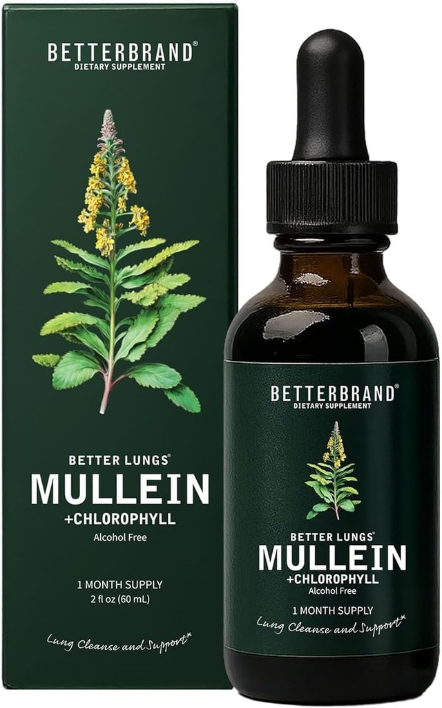 Lung Detox 용 Betterbrand Mullein Drops - Chlorophyll가있는 Mullein Leaf Tincture - 지원 호흡 건강, 알코올 무료, 1 개월 공급 - 60ml