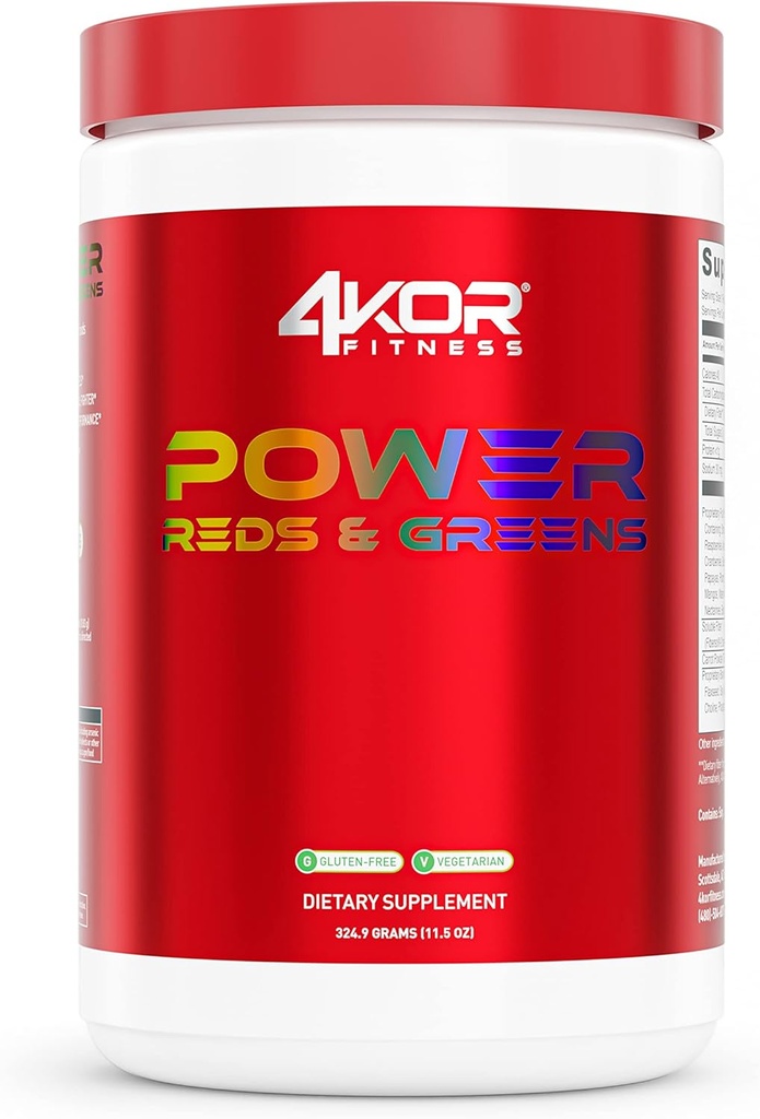 4KOR Fitness Power Reds & Greens: uma bebida de Verdes Energizantes Composto por superalimentos antioxidantes-ricos, sem glúten e vegetarianos, 30 Servings (1 garrafa)