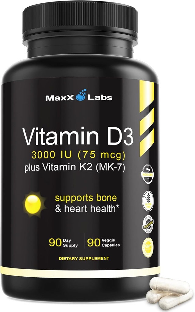 Vitamin D3 K2 3000 IU - with Vitamin K as MK-7 from Natto - High Potency Vitamin D Supplement Support Healthy Bones, Teeth, Heart & Immune Function, Gluten-Free - 90 Capsules