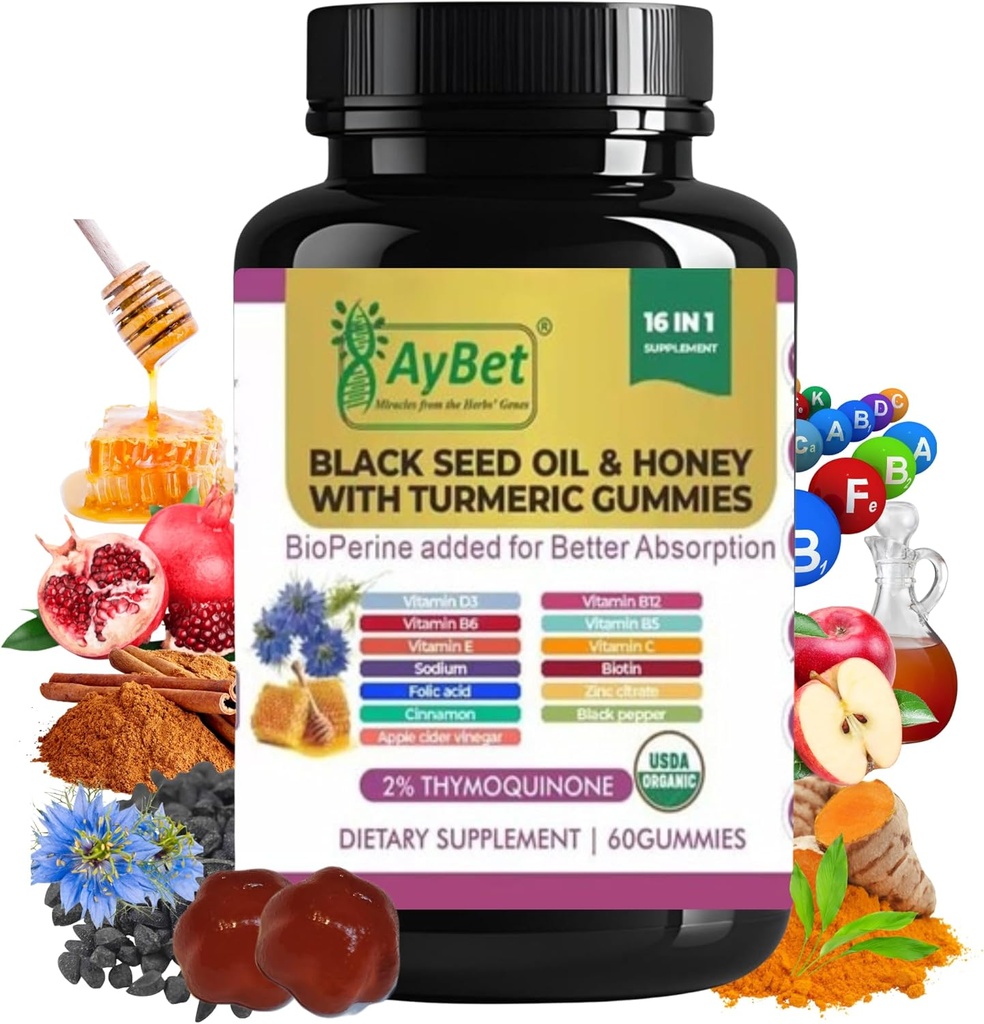 Black Seed & Honey with Turmeric Gummies with BioPerine, Apple Simder Linegar, Sync & chins CD3 B12 – immun, Detognic & helpy helps สนับสนุน เวก้า 60 Halalic Gamies