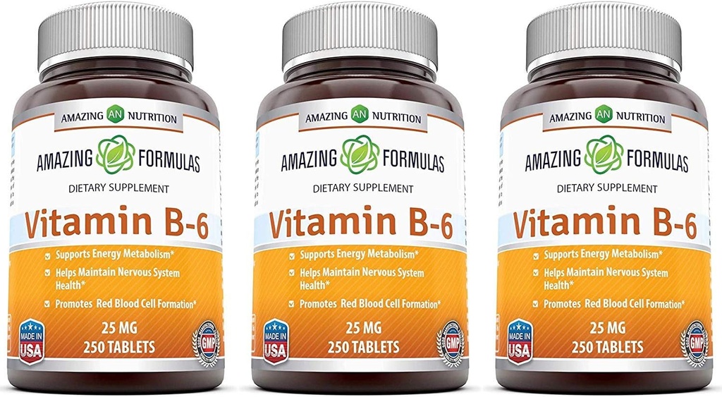 Įspūdingos formulės Vitaminas B6 Piridoksinas 25mg 250 tablečių Priedas - 124; Non- GMO) 124; Gluten Free 124; Pagaminta JAV (3 rinkinys)