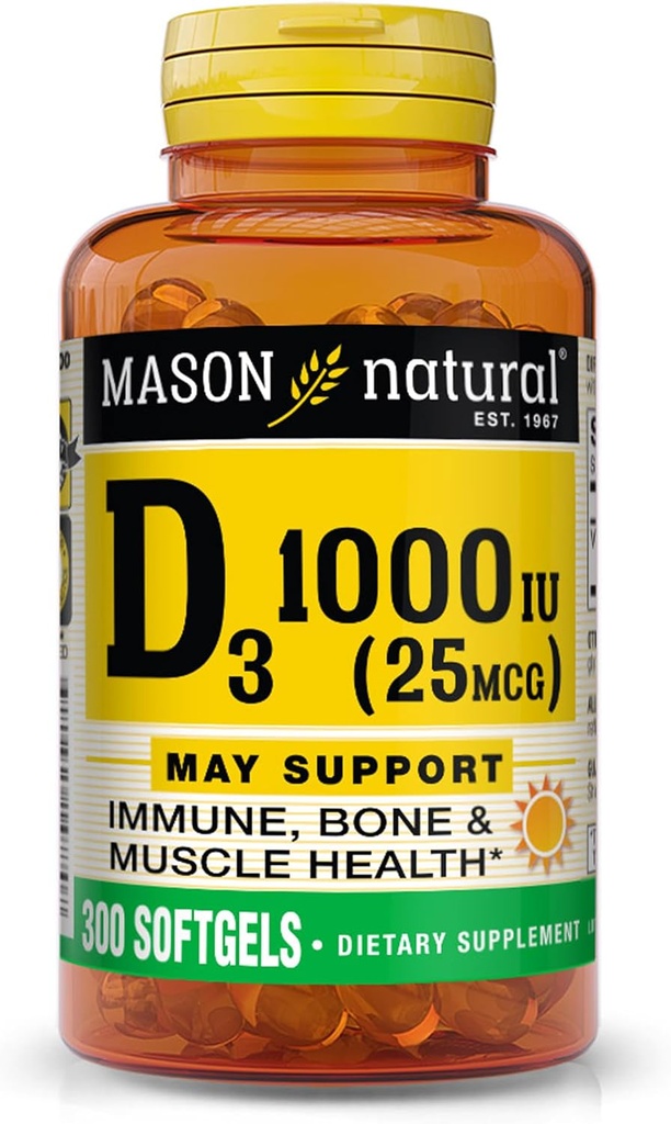 MASON NTURAL vitamin D3 25 mg (1000 IU), Hỗ trợ toàn bộ sức khỏe, tăng cường xương và cơ bắp, từ dầu gan cá, 300ftgels