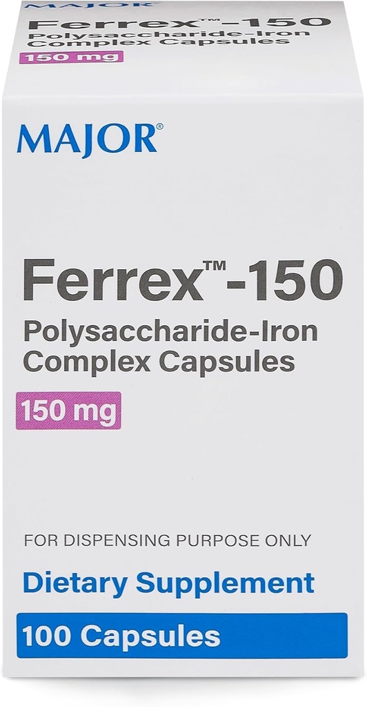 MAJOR Ferrex - 150 polysacharidů - Komplexní železné kapsle 150mg doplněk železa pro ženy a muže - Gentle on Stomach - 100 tobolek