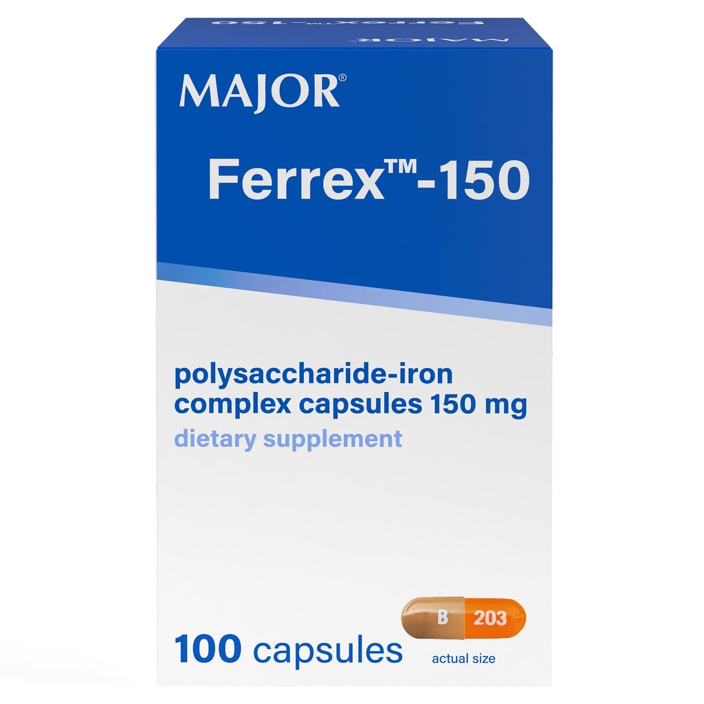 MAJOR Ferrex-150 Polysaccharide-Iron Complex Capsules 150mg Iron Supplement for Women and Men – Gentle on Stomach – 100 Capsules (1 Pack)