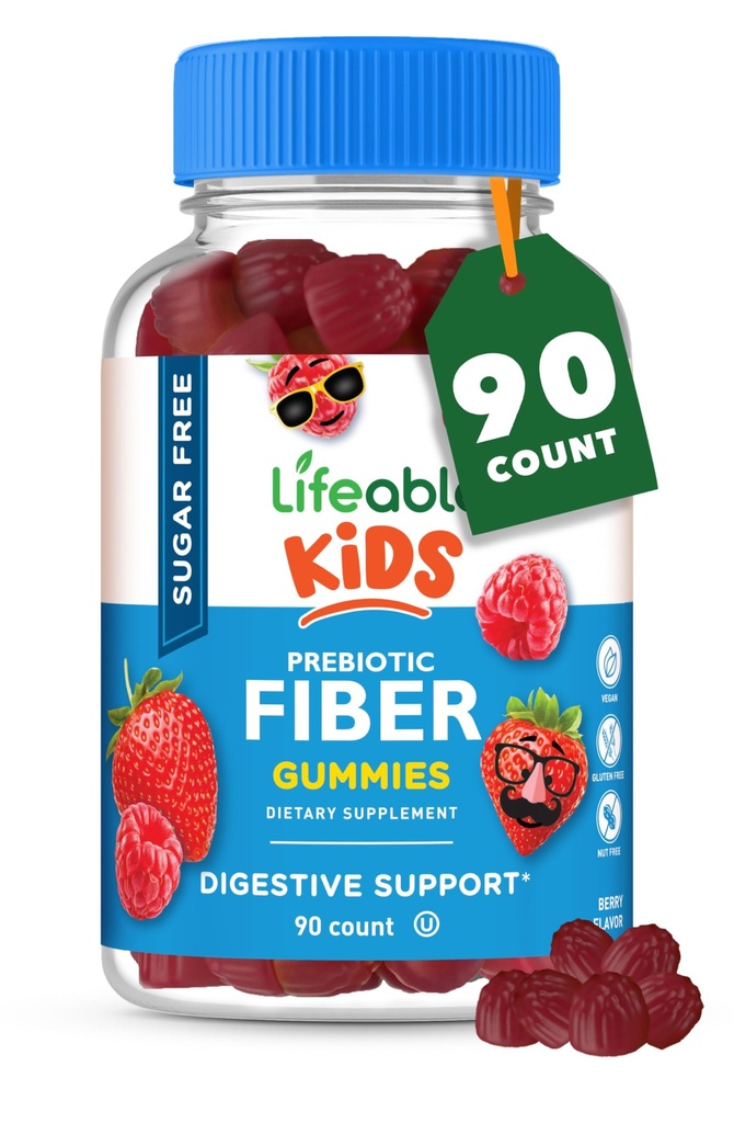 Lifeable Sugar Free Prebiotic Kids Fiber Gummies | 4g Fiber for Kids | Great Tasting Vegetarian Fiber Supplements for Kids | for Digestive Health | Fiber Gummies for Kids | 90 Probiotics Gummies