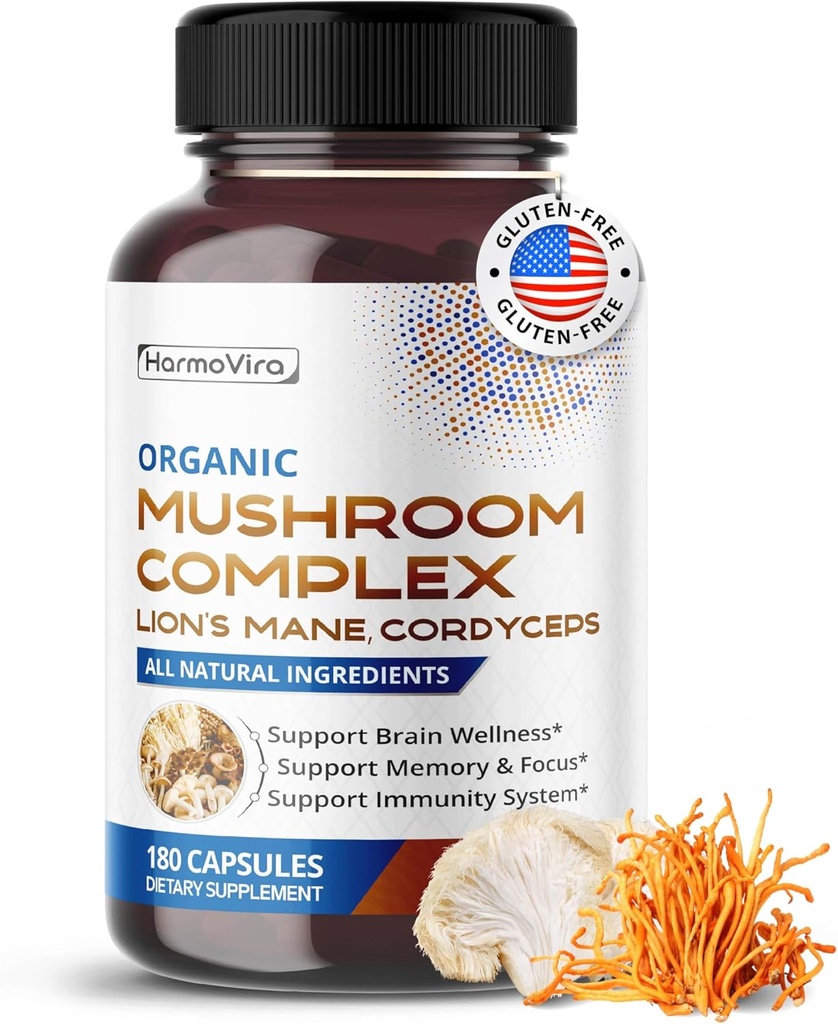 מתחם Mushroom אורגני עם אריה, Cordyceps & Turkey Tail - Brain, Memory & Immune Support - 180 קפסולות (6-Month Supply)