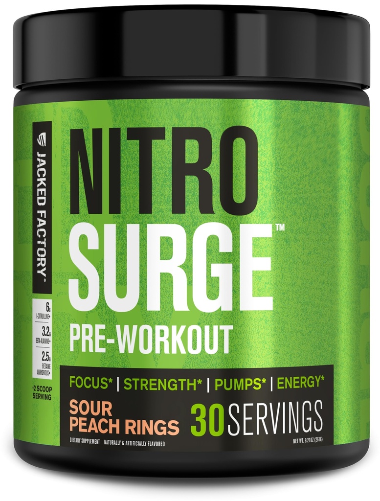 Jacked Factory NITROSURGE Pre Workout Supplement - Endless Energy, Instant Strength Gains, Clear Focus, Intense Pumps - NO Booster & Powerful Preworkout Energy Powder - 30 Servings, Sour Peach Rings
