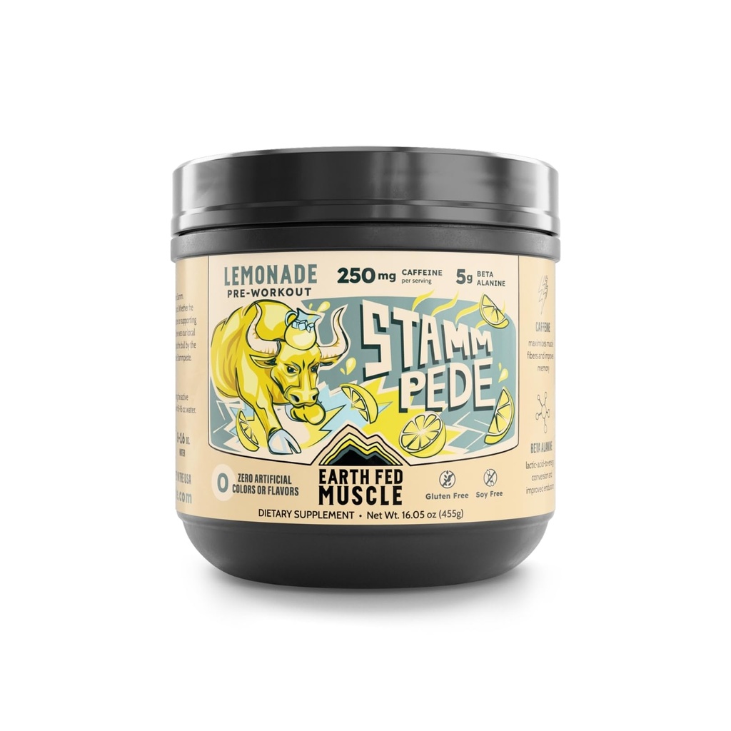 Earth Fed Muscle Stammpede Lemonade Pre Workout, Third-Party Certified. 250mg Caffeine, Lemonade - 5g Beta Alanine, Citrulline Malate, Taurine - Soy Free, Gluten Free - 16 oz, 26 Servings