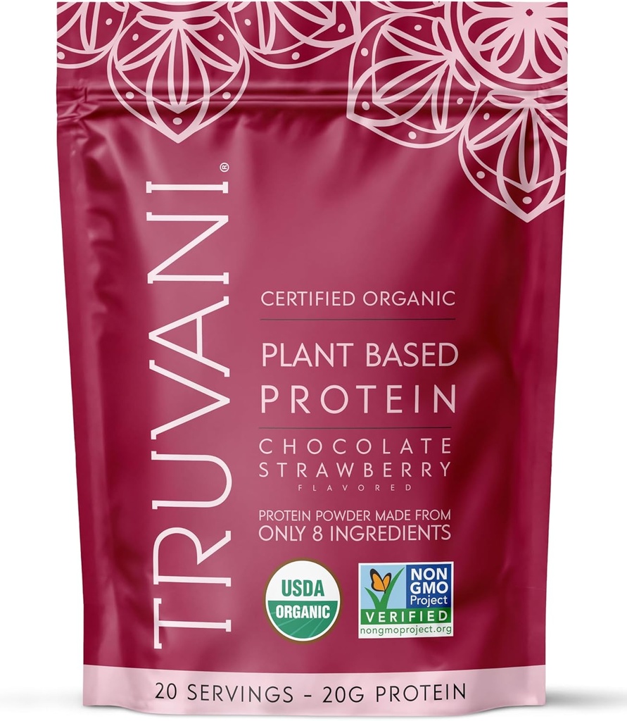 Truvani Vegan Pea Protein Powder | Chocolate Strawberry | 20g Organic Plant Based Protein | 20 Servings | Gluten ' Dairy Free | Low Carb | No Added Sugar