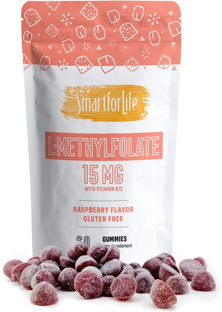 Smart för Life L-Methylfolate Gummies med vitamin B12 Raspberry Flavor - 15mg - 60 Gummies - Active Folate 5 MTHFR Support Supplement Professional Strength - Doctor Designed Methyl Folate
