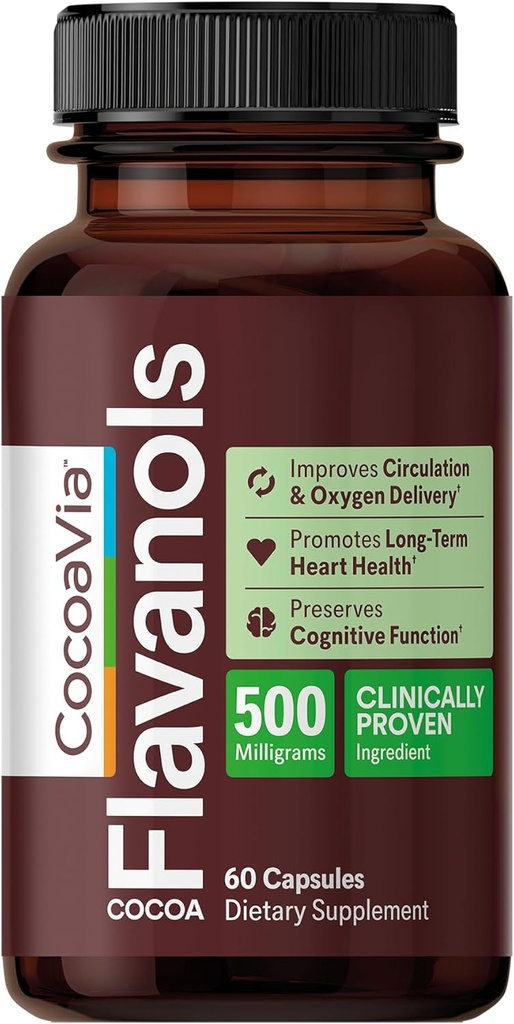 CocoaVia Heart & Brain Addition, 30 Day, Cocoa Flavanol Extract, Memory & Circulation Booster, Nitric Oxygen & Energy, Plant Based, Gluten Free, Vegen, 60 капсули