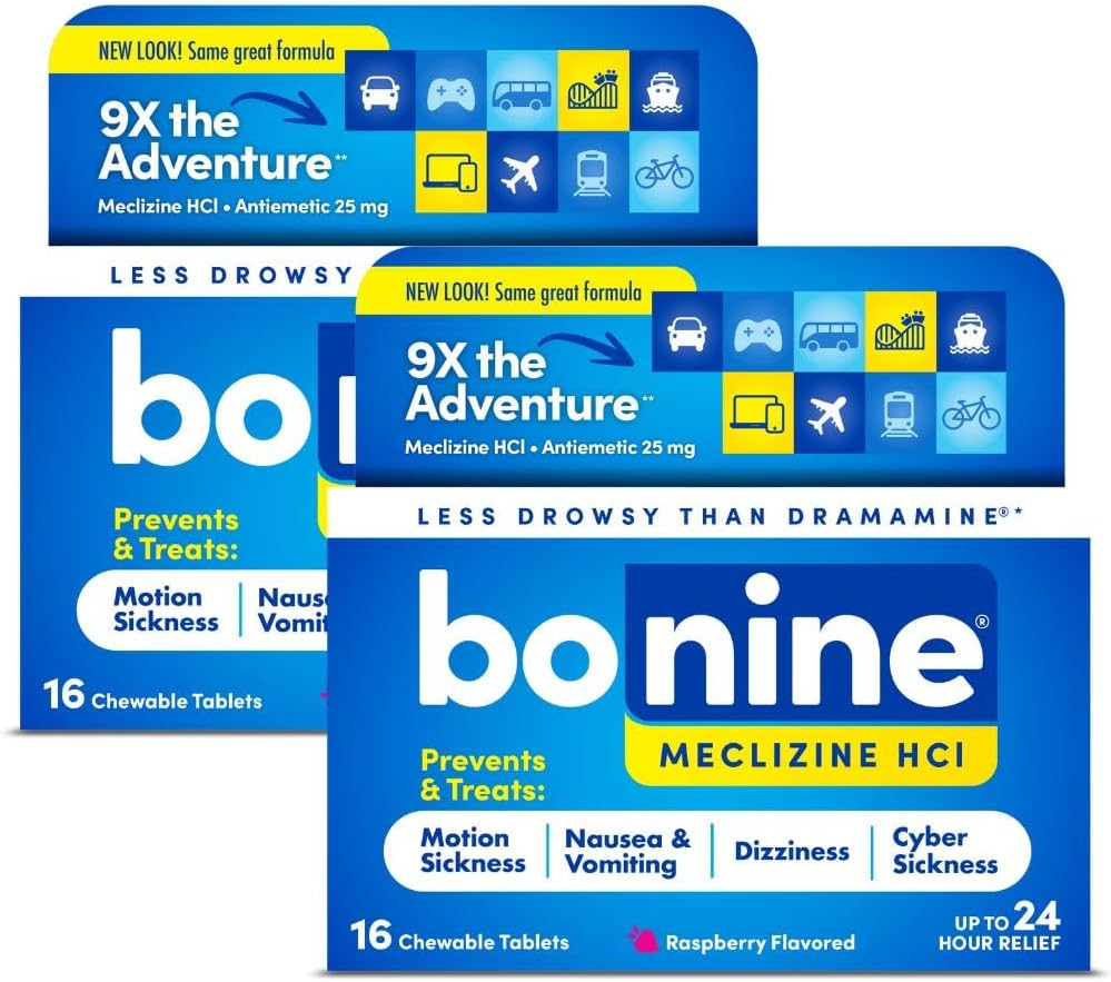 Bonine Non-Drowsy Motion Sickness Relief - 32 Chewable Tablets with Meclizine HCL 25mg - Non Drowsy Meickine for Nausea or Motion Sickness - Cruise Essentials - Raspberry Flavor
