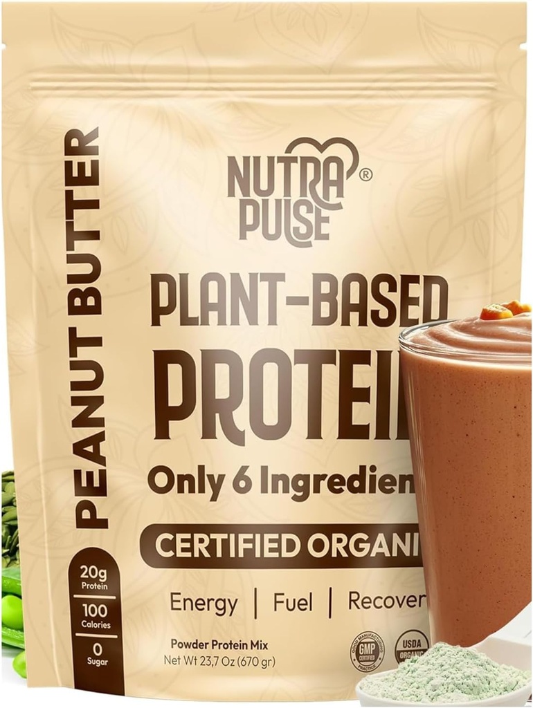 Organic Vegan Protein Powder - Peanut Butter Flavor, Plant-Based, Gluten-Free, Non-GMO, Soy-Free, 20g Protein Per Servering, Idealisk för Smoothies, Shakes, Baking, Cooking (1 Pack, 20 portioner)