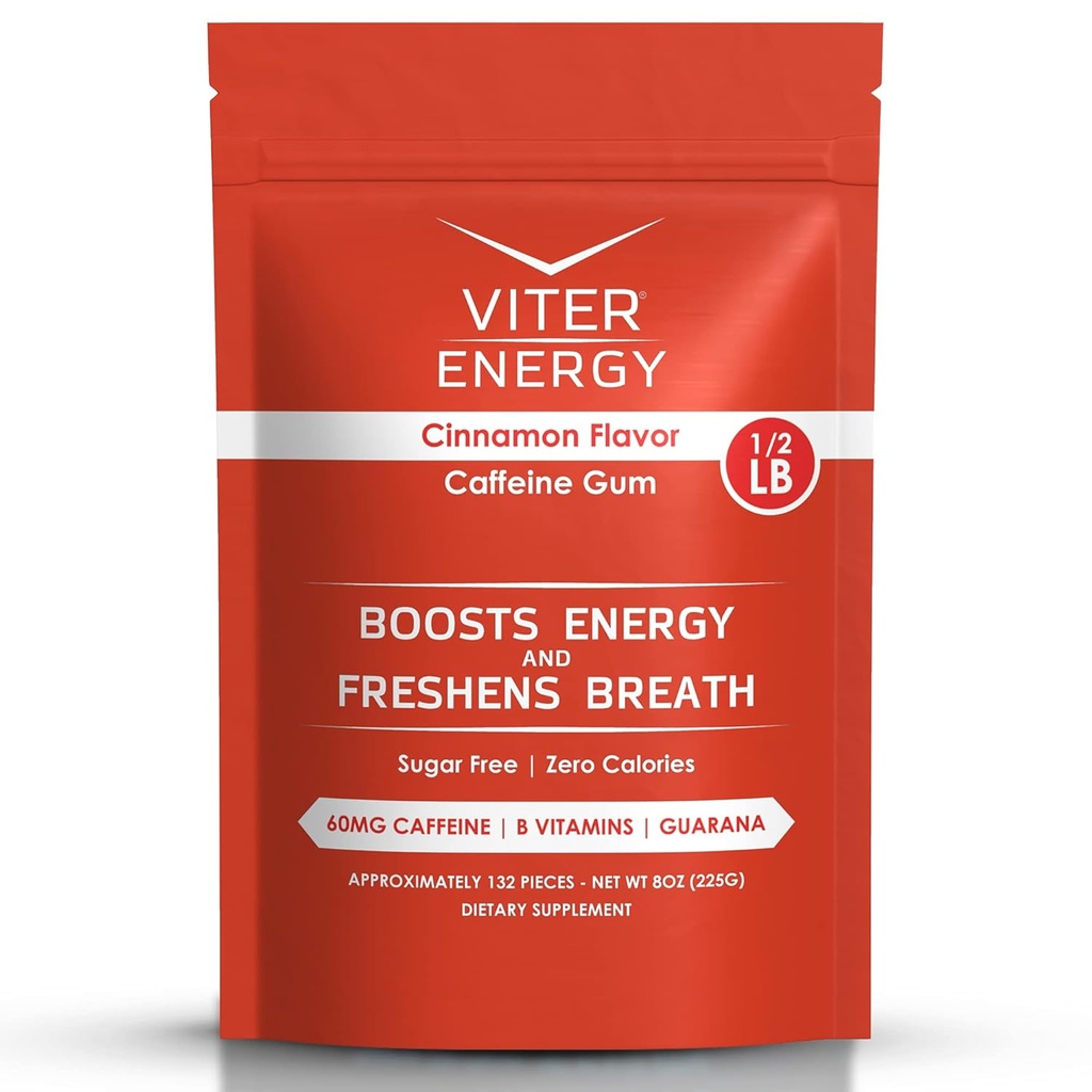 Viter Energy Cafeïnated Gum 60mg Cafeïne, B Vitaminen, Guarana, Suikervrij. (Cinnamon, 8oz, Bulk Bag)