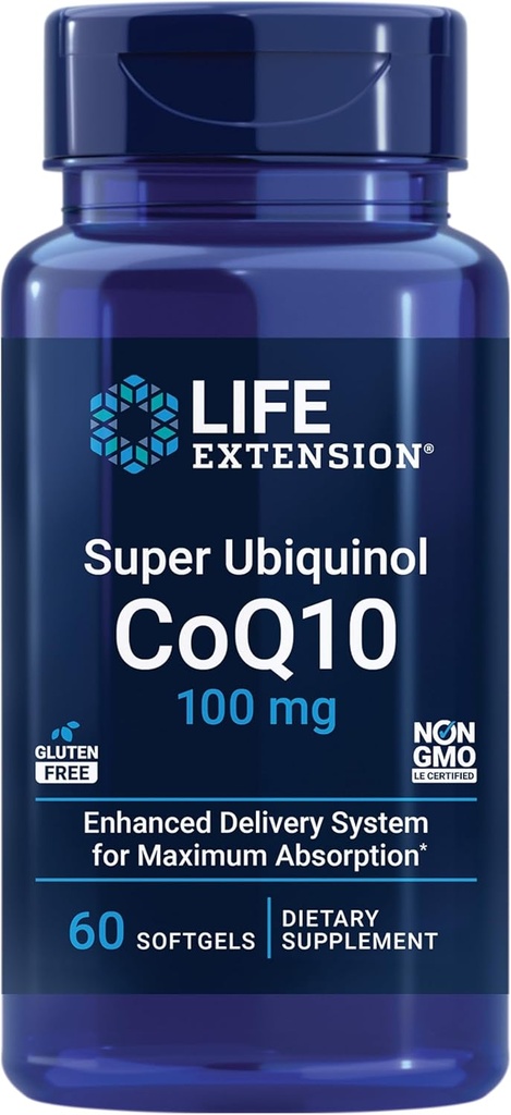 Life Extension Super Ubiquinol CoQ10, Herzgesundheitsergänzung, Zellenergie, oxidative Stressabwehr, maximale Absorption, 100 mg, Non-GMO, Glutenfrei, 60 Softgele