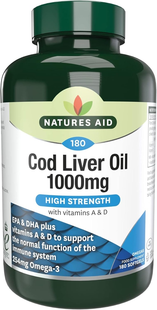 Natures Aid High Strength Cod Liver Öl 1000mg mit Vitamin A & D - 180 Kapseln