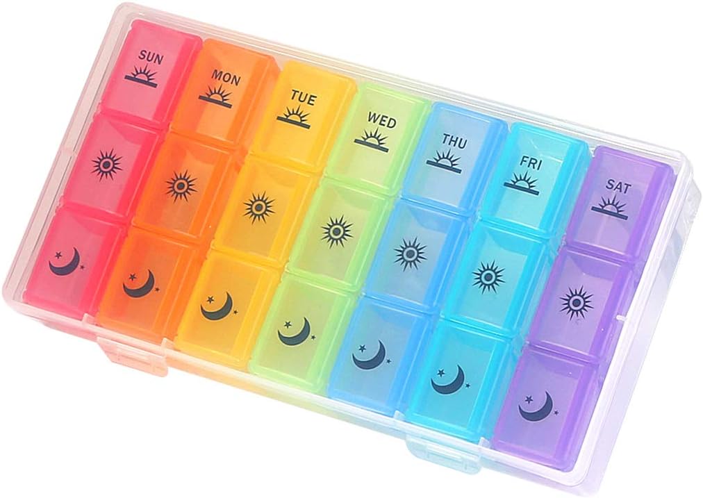 Heti Pill Organizer, 3-Times- A- Day 7 Day Pill Box Nagyméretű kompartmentek Moistore- Proof Pill Case Medication Reminder Portable Travel Container for Vitamins Fish Oil Composities kiegészítők