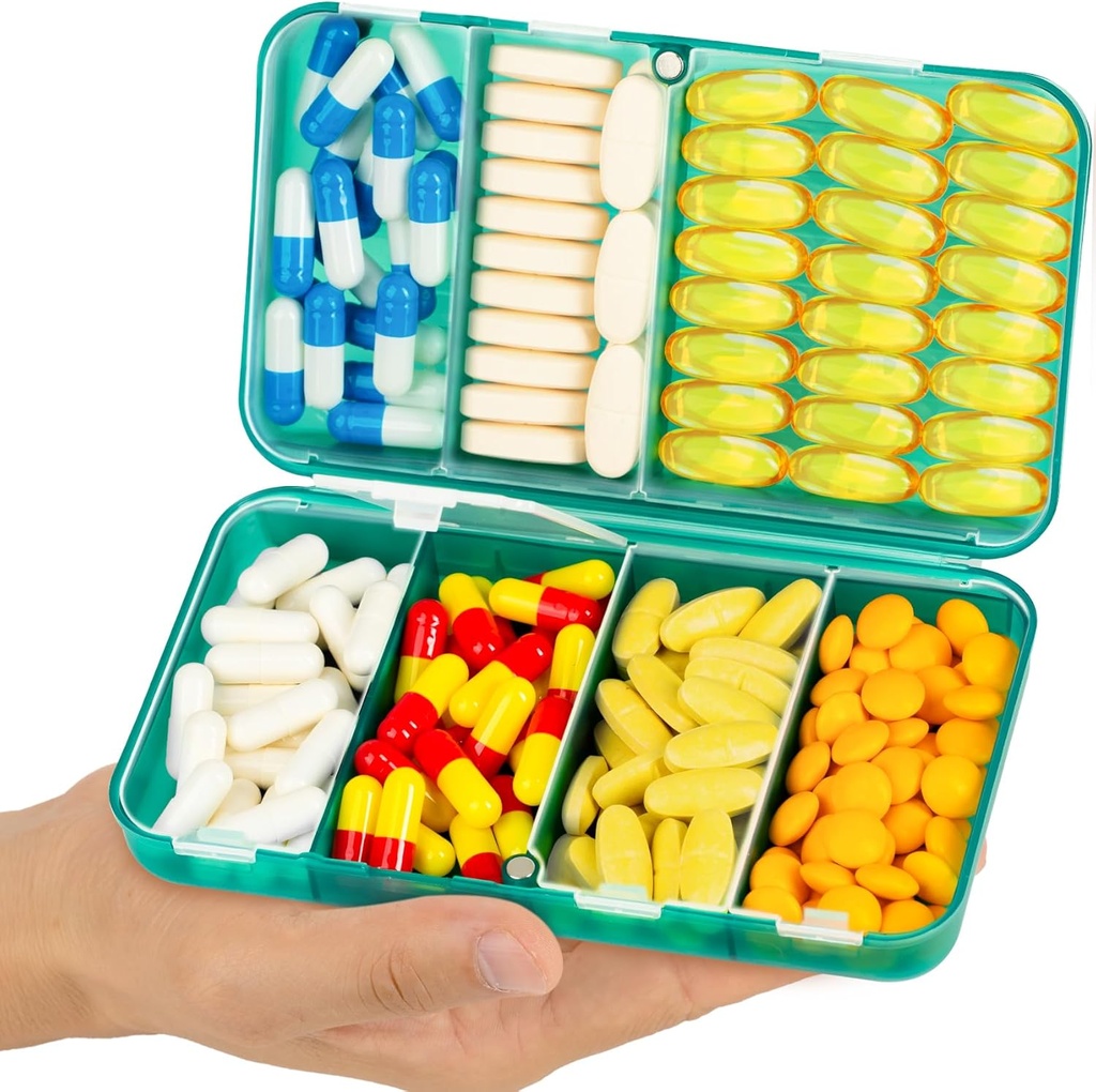Yaklim נסיעות מגנטיות גלולות מארגנת, 7 השוואתיות Portable Pill Box, מארגנת ויטמין גדול עם תוויות, Daily Pill Case Medicine מארגנת, Bigתוסף מארגנת Pill Container Green