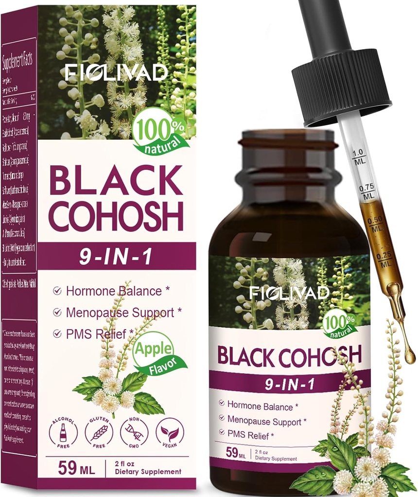 Black Cohosh Drops, Herbal Extract Mieszanka dla równowagi hormonalnej, Menopauza Wsparcie i PMS Relief. 2oz- (Apple Flavor)