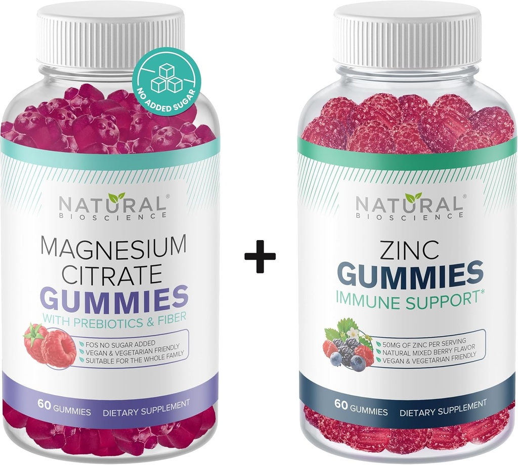 Sugar Free Magnesium Gummies & Extra Strength Zink Gummies, Vegan, Gluten Free, Calmness, Afslapning, Muskel Sundhed, Immunstøtte, Hud Sundhed, Non- GMO, 60 Gummy Vitaminer