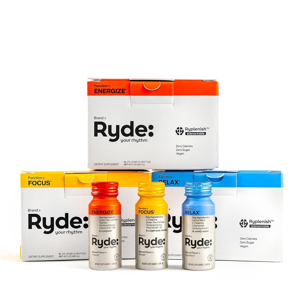 Ryde: Discovery Pack | Energize, Focus & Relax Shots | Grüner Tee Koffein, Taurine, Ginseng, B Vitamine, L-Theanine, Lemon Balm, Kamille | 0 Kalorien, 0 Zucker | Variety Pack – Probieren Sie All (24 Pack)