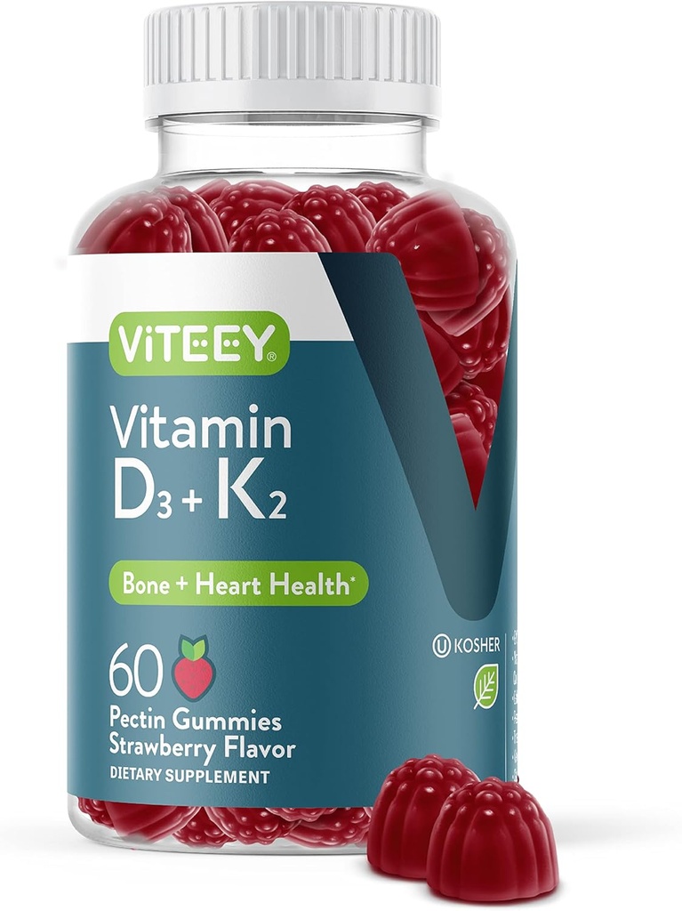 VITEEY Vitamine D3 K2 Gummies - 1000 UI Vitamine D3 et K2 100mcg - Bone et santé cardiaque pour les adultes et les adolescents - Végétarien, sans gélatine, sans OGM - Dégustation de vitamines à croquer D3K2
