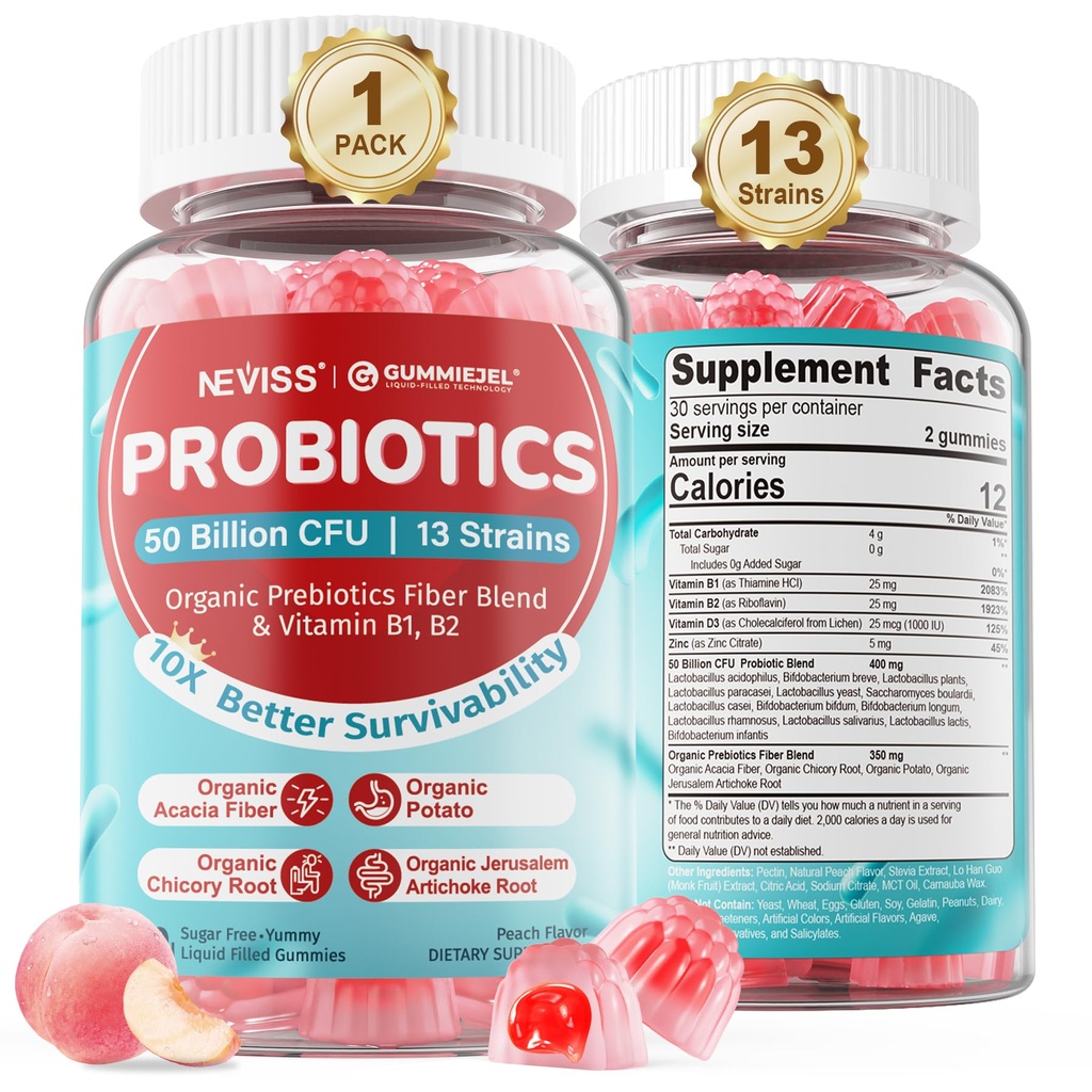NEVISS Probiotic + Prebiotic Gummies for Adults & Kids 4+, Sugar Free Chewable 50 Billion CFUs w/Fiber, Vitamin B1 B2 D3 & Zinc, for Digestive & Gut Health, Boost Microflora Diversity, 60 Cts