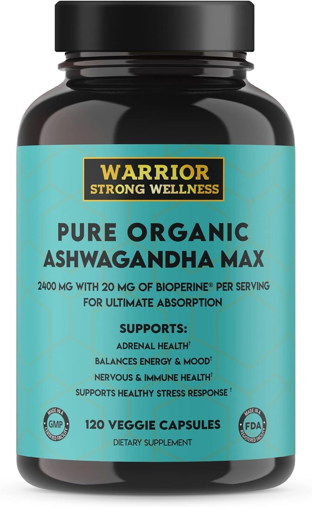 Pure Organic Ashwagandha Capsules with Bioperine - 2400 mg - 120 Capsules - Healthy Stress Response and Mood Boost, Immune Health, better sleep