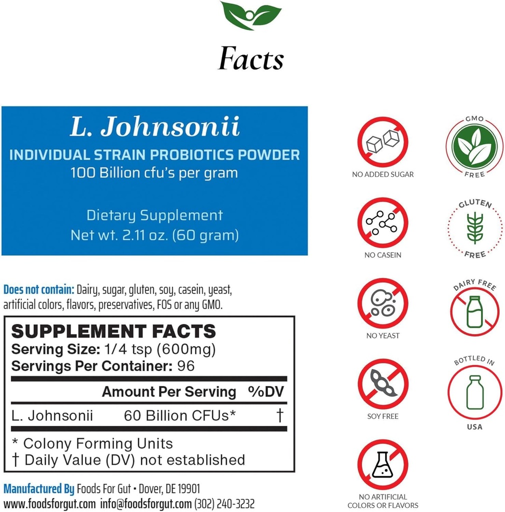 Foods For Gut Lactobacillus Johnsonii Probiotic Powder 100 Billion cfu's | No Additives | Direct from Manufacturer | No Third-Party Storage | Immune Support | L. Johnsonii | 60 Grams (2.11 Oz)