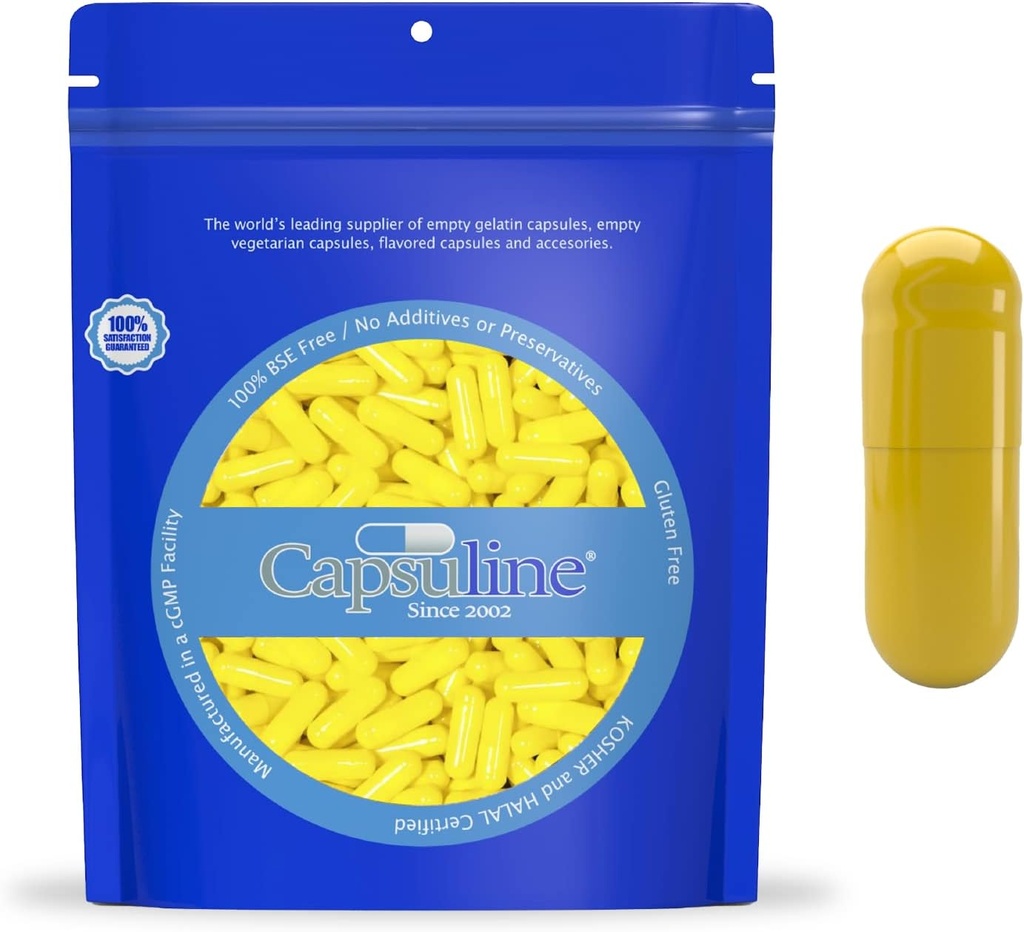 彩色大小 0 空 Gelatin Capsules by Capsuline - 黄色/黄色 10000 count QQ Kosher & Halal 认证 QQGluten 免费