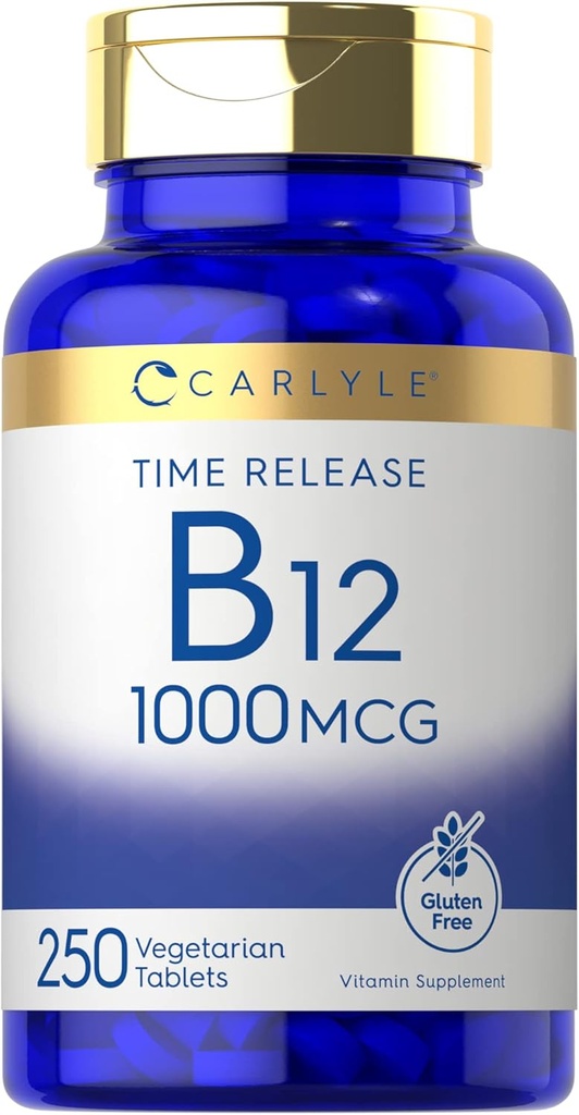 Carlyle B12 Vitamine 1000 mcg, 250 Nombre de comprimés de libération dans le temps, Cyanocobalamine, supplément végétalien, sans OGM et sans gluten