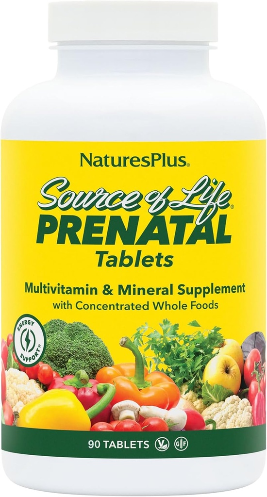 Naturas Plus Sursa de viaţă Prenatal - 800 mcg Folate, 90 comprimate vegetariene - Toate naturale vitamine prenatale şi minerale cu fier şi calciu - Optimal Health & Energy - Gluten-Free - 45 Serviri