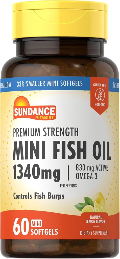 Sundance Mini Fish Oil Softgels 1340mg | 60 Count | Controls Fish Burps | Premium Strength Formula mit Omega-3 | Natural Lemon Flavor | Non-GMO und glutenfreie Ergänzung