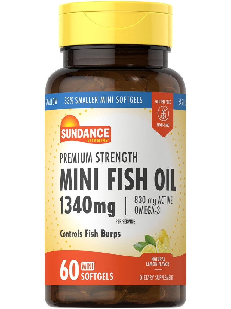 Sundance Mini Fish Oil Softgels 1340mg | 60 Count | Controls Fish Burps | Premium Strength Formula with Omega-3 | Natural Lemon Flavor | Non-GMO and Gluten Free Supplement