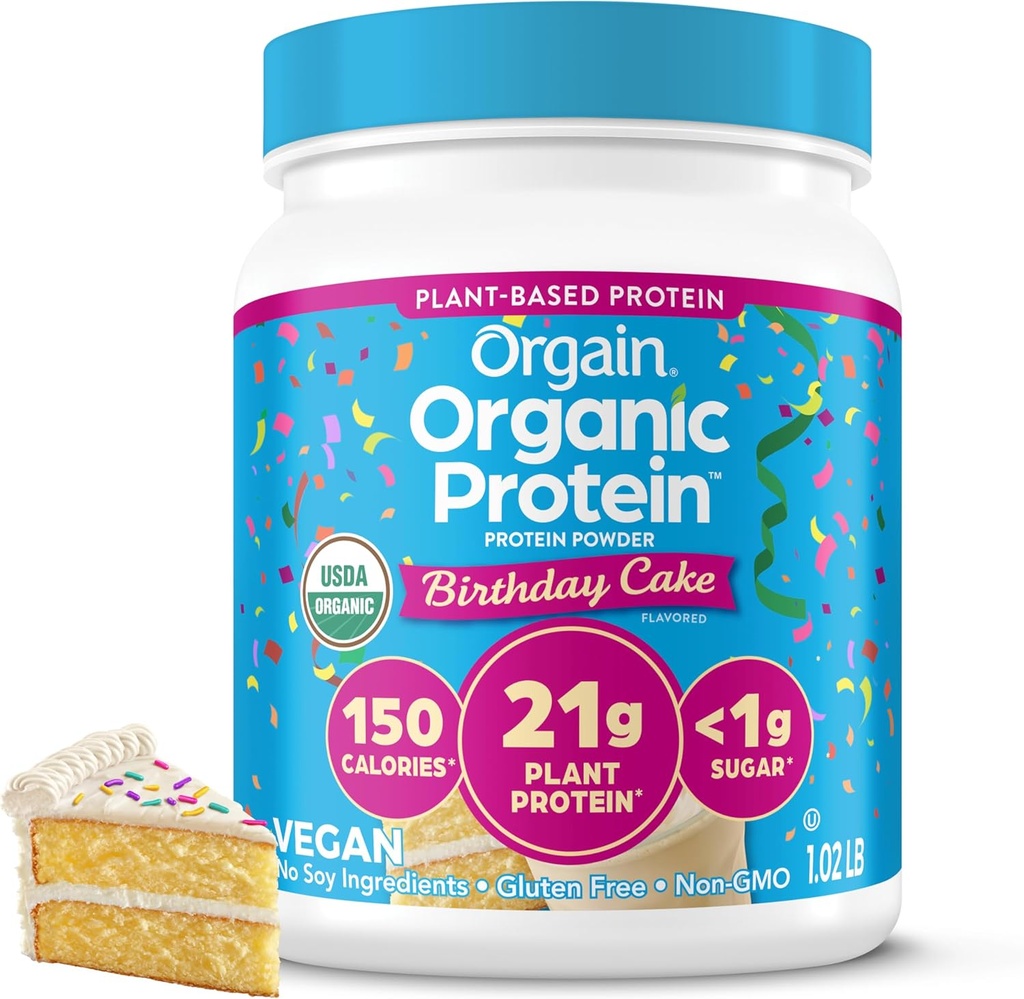 Orgain Organic Vegan Protein Powder, Tort urodzinowy - 21g Białko roślinne na bazie białka, 7g włókno prebiotyczne, węglowodory niskonetto, brak składników laktozy, Nie dodano cukru, Nie-GMO, dla shakes & Smoothies, 1.02 lb