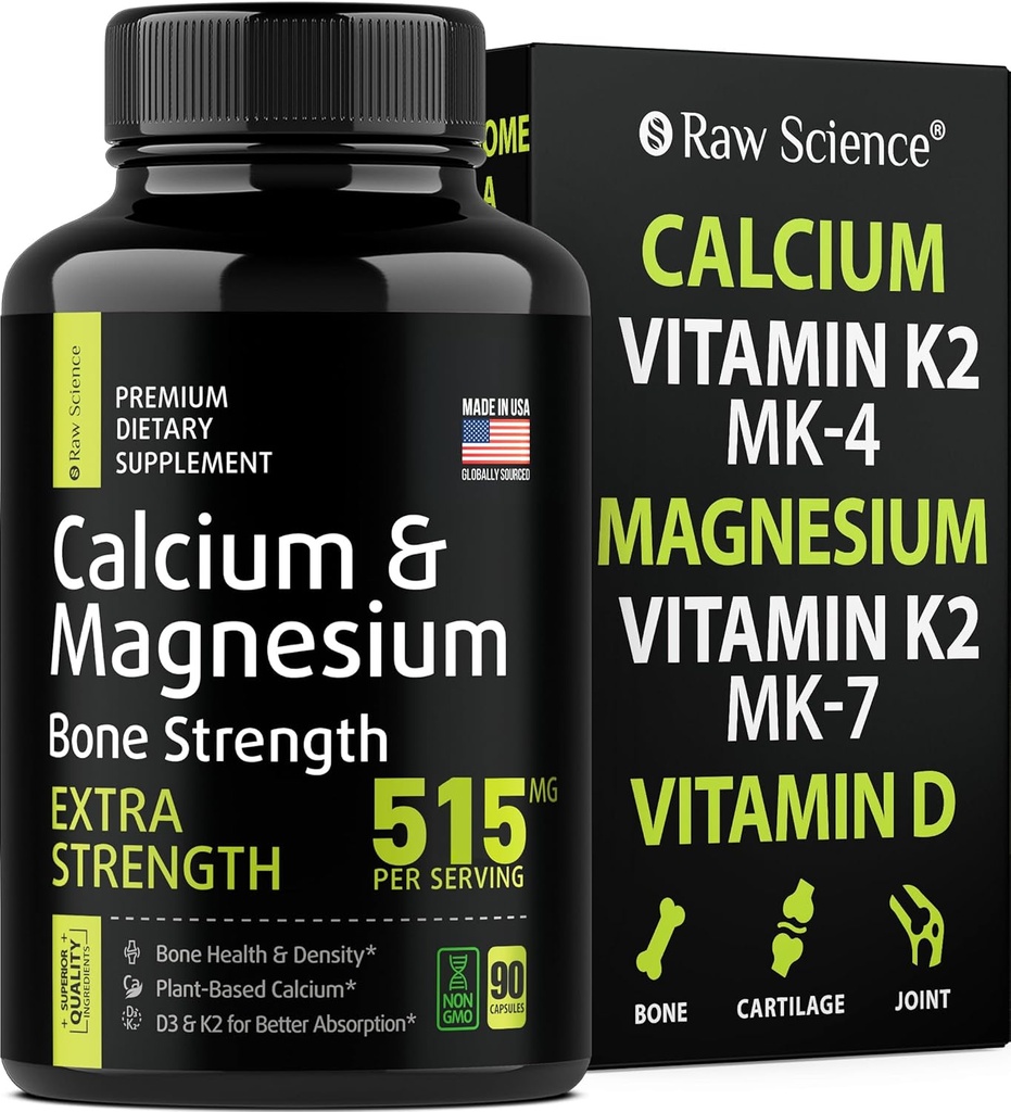 Citrato de calcio con vitamina D3 K2 e glicinato de magnesio - Suplemento de forza ósea - Suplementos de calcio baseados en plantas para mulleres e homes - magnesio e píldoras de calcio D3 K2 para a saúde ósea - 90 cápsulas