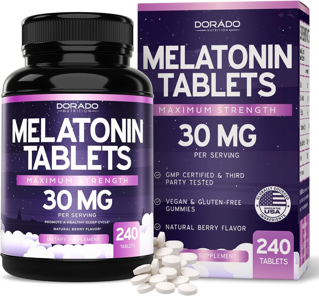 Melatonin 30mg Tablets para adultos (240 tabletas) - Fast Dissolve Tablet con 30mg de Melatonin por Tablet - Gluten-Free, Non-GMO, 100% Vegetarian, & Great Tasting - Mixed Berry Flavor - Made in USA