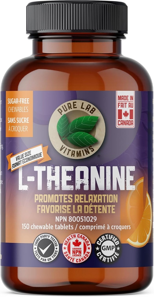 Pure Lab Vitaminen - L-Theanine 125mg, 150 Kauwtabletten - L-Theanine supplement om ontspanning, slaapondersteuning, Mood ondersteuning, Hersengeheugen en Focus Supplement te bevorderen - verbetert de slaapkwaliteit