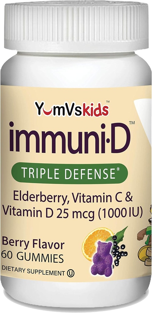 Immunid Elderberry Gummies for Kids by YumVs: 124; Ammune Support, Vitamin C & Vitamin D 124; Complete Immune System Support Gibder4; Natural Berry Flavour -60 Count 124; Vitamin C dan D for Kids
