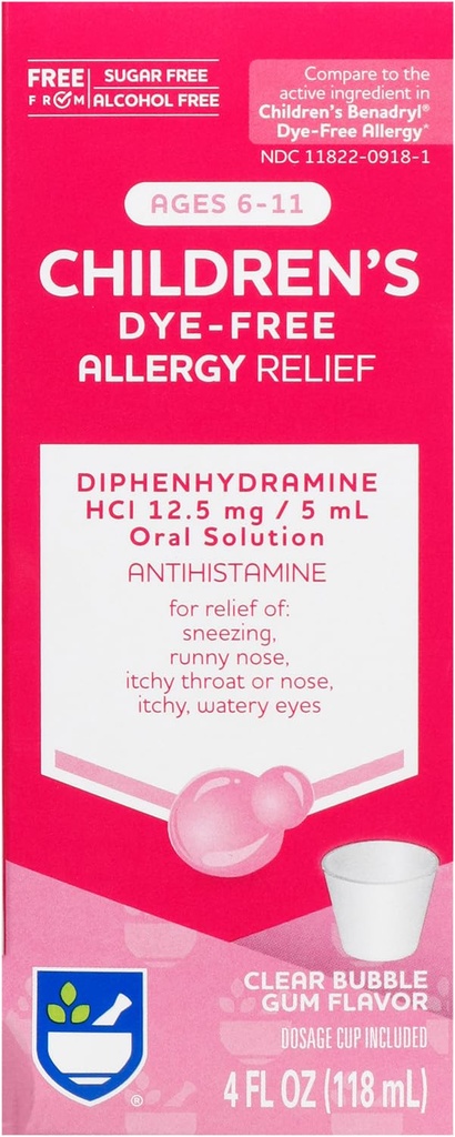 Rite Aid Haurren Alergia Erliebea, Diphenhydramine HCI, Burbuila Gum Flavor, 12.5 mg - 4 oz | Antihistamine | Haurren Alergia Medikuntza | Alergia pilulak | Haurrak Alergia