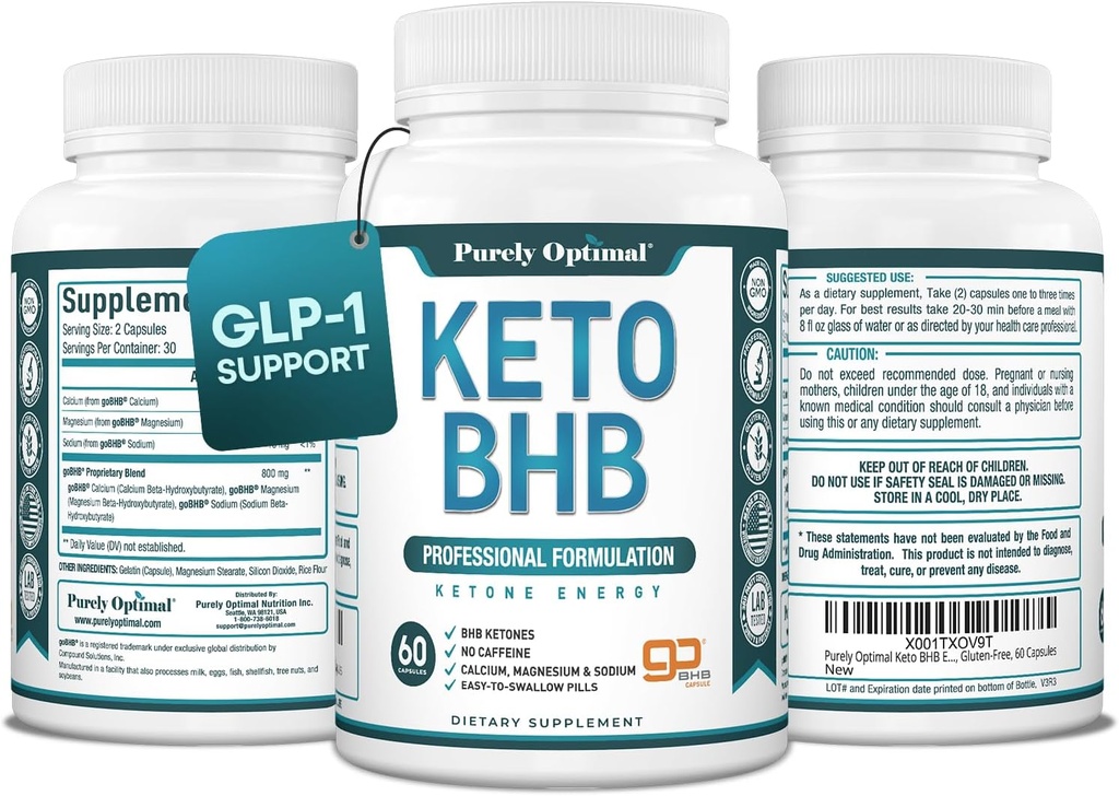 Purely Optimal Keto BHB קפסולות - Exogenous Ketone Pills for Ketosis Support, Sustained Energy, Focus & Metabolism - עבור נשים וגברים, 60 קפסולות