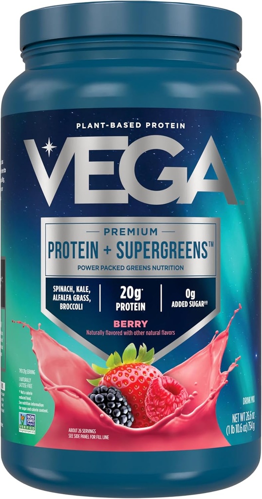 Vega proteini + Superzeleni - 20g Rastlinske beljakovine, Berry, 26 Serving, Real Greens & Veggies, Vegan Keto, 0g Dodani sladkor, Ne-GMO, Gluten Free, Dairy Free, 1.7lbs (Packaging May Vary)