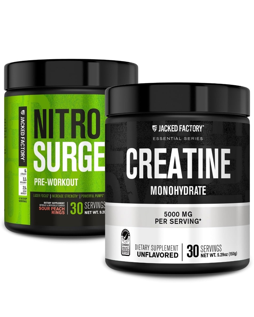 Jacked Factory NITROSURGE Pre Workout Supplement - Instant Strength Gains & Intense Pumps (30 Servings, Sour Peach Rings) & Creatine Monohydrate for Muscle Growth (30 Servings, Unflavored)