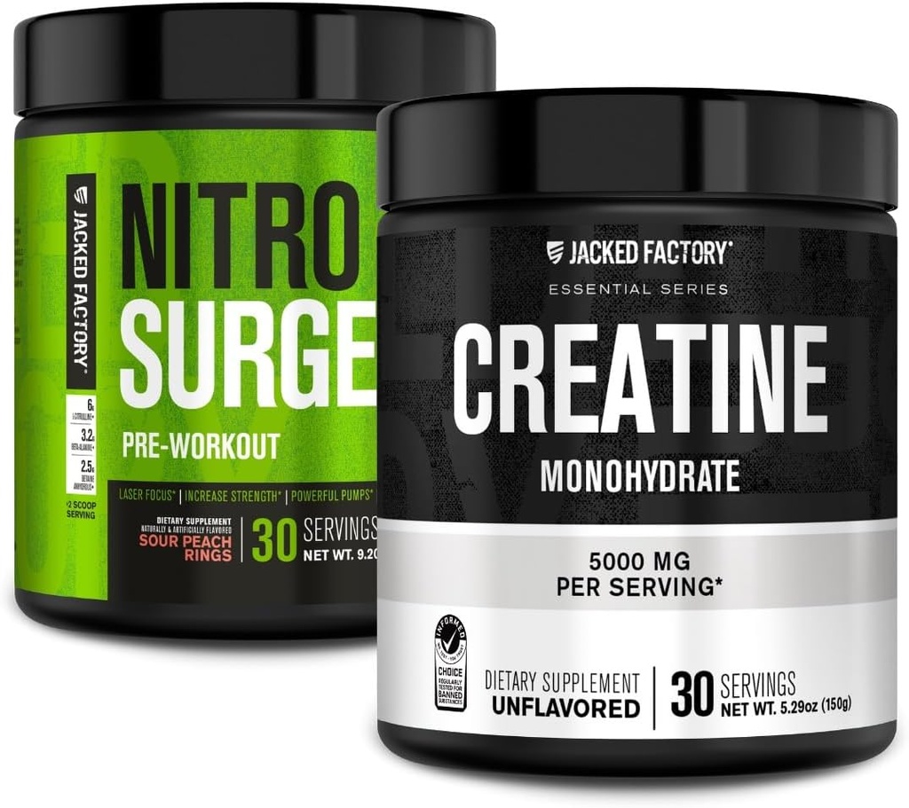 Jacked Factory NITROSURGE Pre Workout Supplement - Instant Strength Kazanlar və Intense Pumps (30 Xidmət, Sour Peach Ringlar) və Muscle Growth üçün Creatine Monohidrat (30 Xidmət, Unflavored)