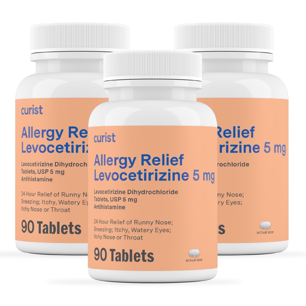 Curist Generic Levocetirizine Dihydrochloride 5mg Bulk (270 Tablets), Allergy Pills, 24 Hour Allergy Relief - Allergy Medicine (3 Packs of 90 Tablets)