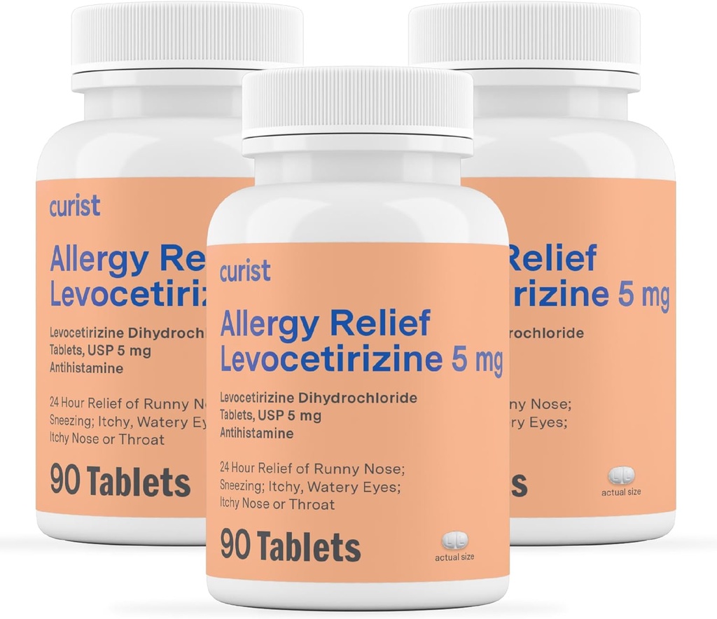 Curist Generic Levocetirizine Dihydrochloride 5mg Bulk (270 tabletta), Allergy Pills, 24 órás Allergia Relief - Allergia Medicine (3 csomag 90 tabletta)