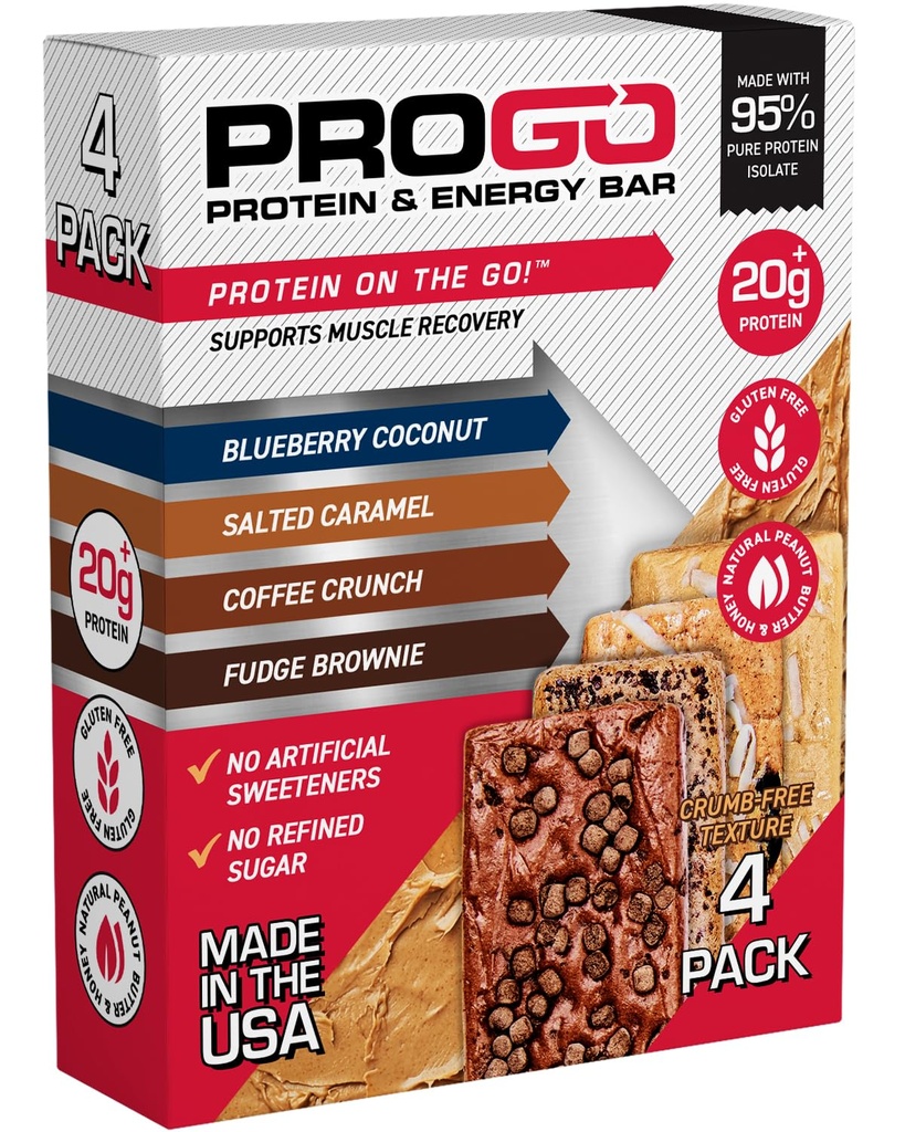 ProGo Protein Bars, Baixa Sugar, High Protein Snaples (Upènte a 21g) - 95% Pure Isote per a un creixement ràpid de Muscle i Recovery, Calorie, dolç w/Panut Butter & Raw (4coming, Packer)